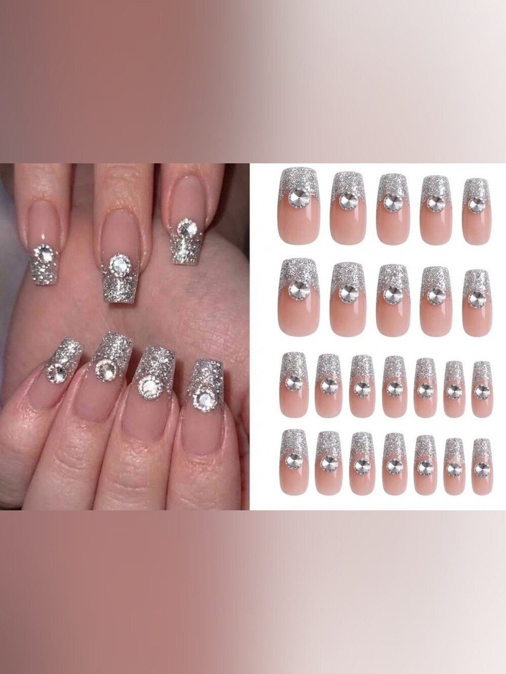 2/$20 Boop Nails Custom Pink Silver Glitter Rhinestone Press-On Nails Set